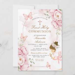 Invitation Première communion florale rose avec fille