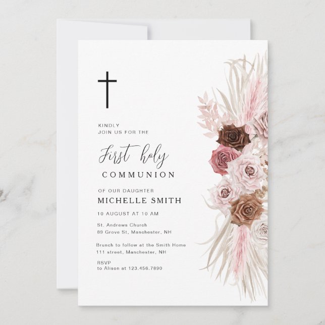 Invitation première communion florale rose boho poussiéreuse (Devant)