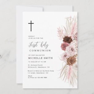 Invitation première communion florale rose boho poussiéreuse