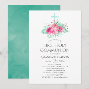 Invitation Première communion florale rose et menthe