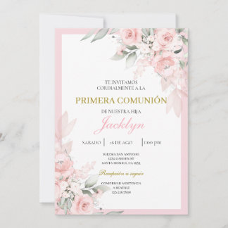 Invitation Première communion florale rose pâle