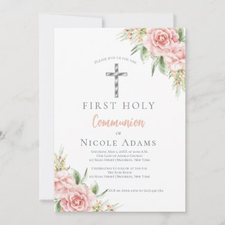 Invitation Première communion florale rose pâle élégante