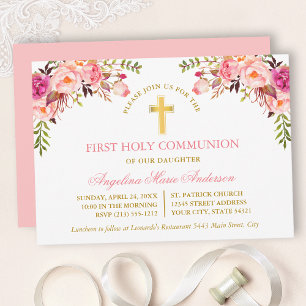 Invitation Première communion florale rose poudré aquarelle o