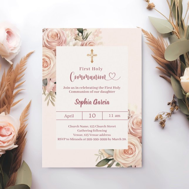 Invitation Première communion florale rose poussiéreux ivoire (Créateur téléchargé)