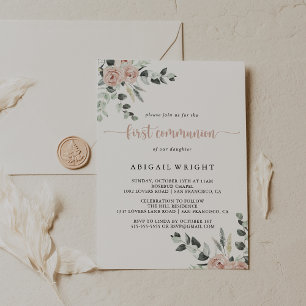 Invitation Première communion florale rose rouille classique