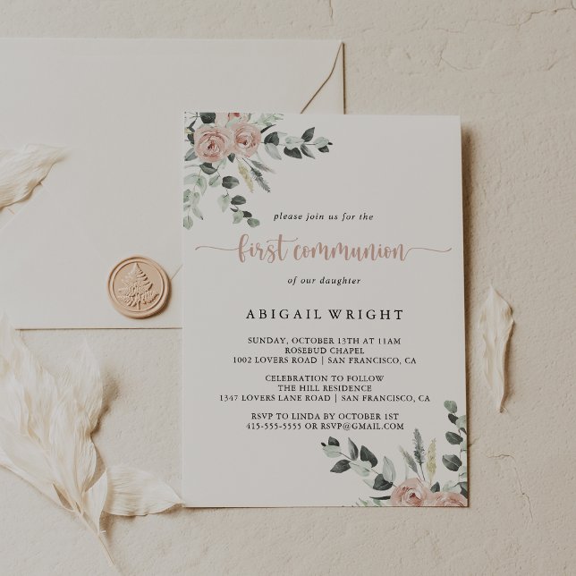Invitation Première communion florale rose rouille classique (Créateur téléchargé)