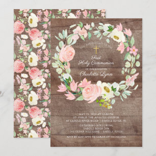 Invitation Première communion florale rose rustique