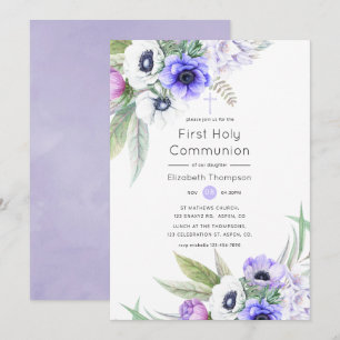 Invitation Première communion florale violet pastel et prune