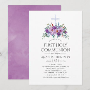 Invitation Première communion florale violette