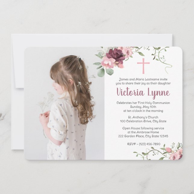 Invitation Première communion Flore rose pâle avec photo (Devant)