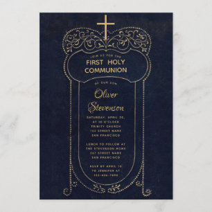 Invitation Première communion garçon bleu marine calligraphie