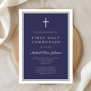 Invitation Première communion garçon croix bleu marine modern