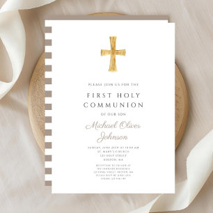 Invitation Première communion garçon croix taupe moderne
