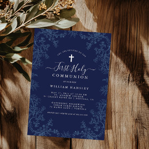 Invitation Première communion garçon feuille florale bleue vi