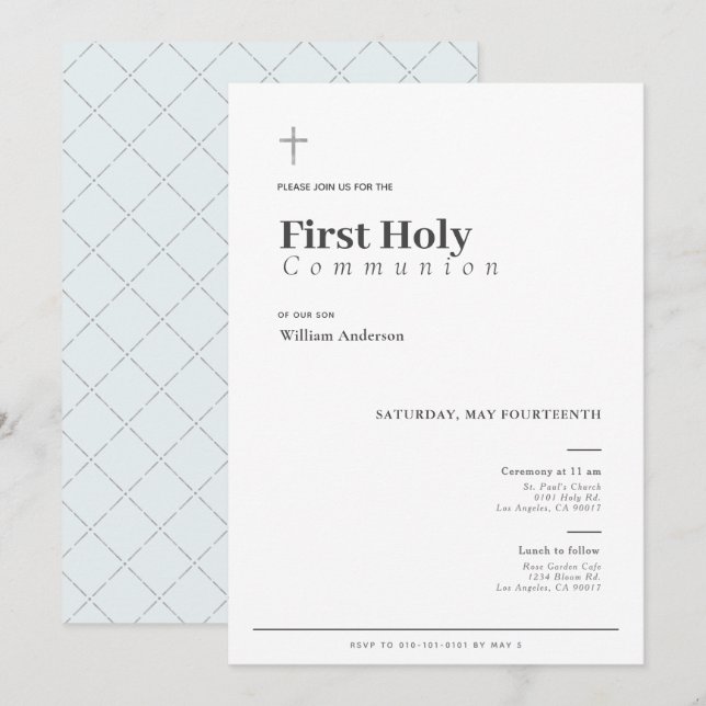 Invitation Première communion garçon minimaliste typographie (Devant / Derrière)