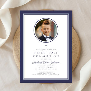 Invitation Première communion garçon photo bleu marine modern