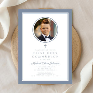 Invitation Première communion garçon photo bleu poussiéreux m