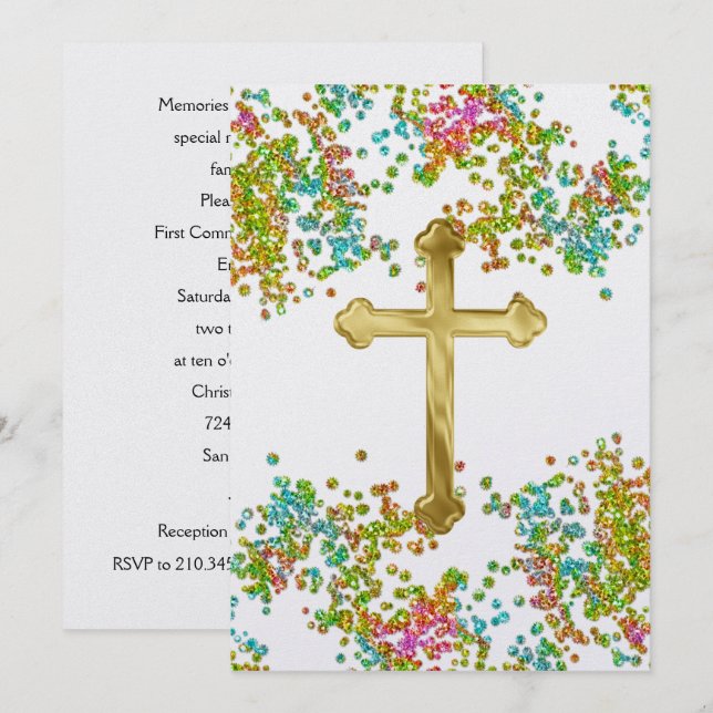 Invitation Première communion Glitterie colorée (Devant / Derrière)