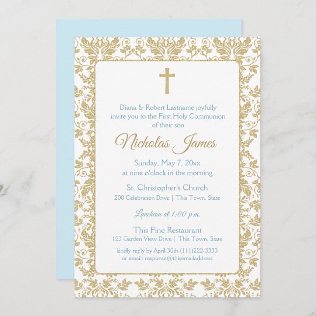 Invitation Première communion Gold Damask avec Blue (Devant / Derrière)