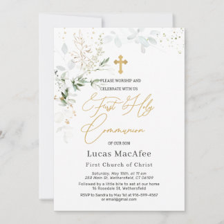 Invitation Première communion Green Gold Foliage Cross