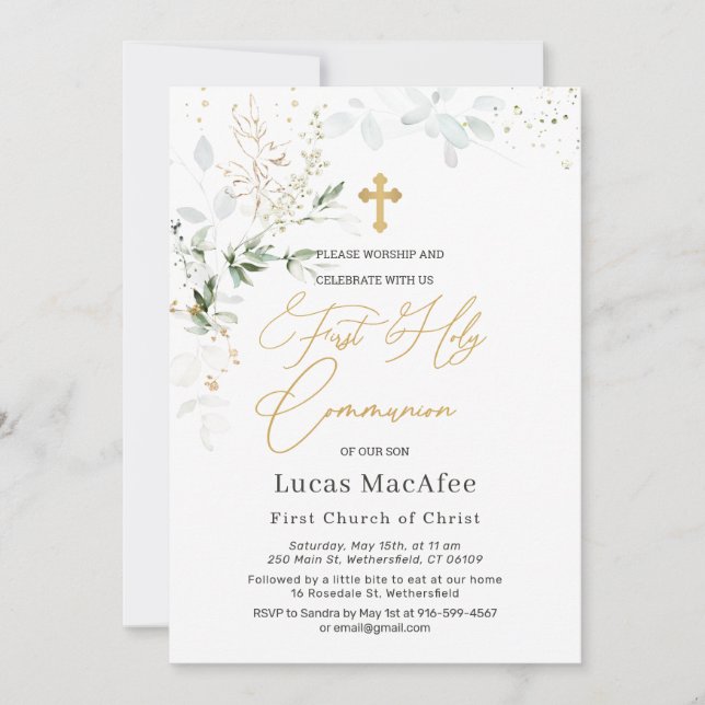Invitation Première communion Green Gold Foliage Cross (Devant)