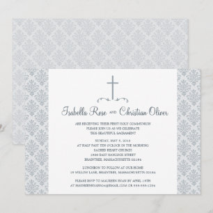 Invitation Première communion gris et blanc Damas