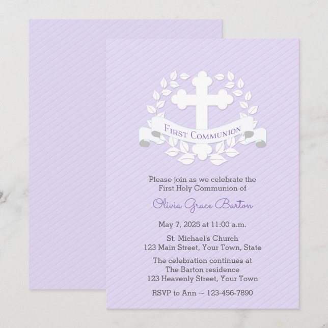 Invitation Première communion Leaf Laurel Cross Lilac (Devant / Derrière)