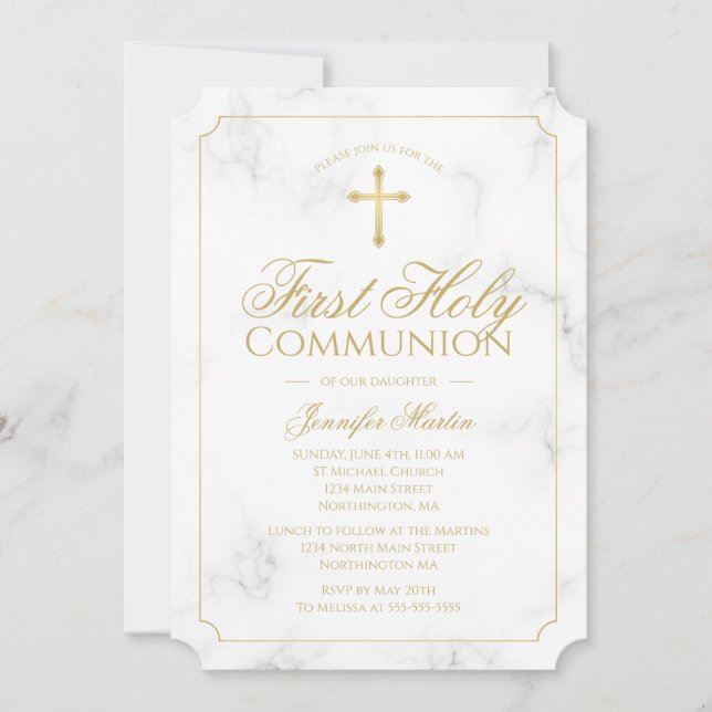 Invitation Première Communion Marbre Élégant Gold Script Girl (Devant)