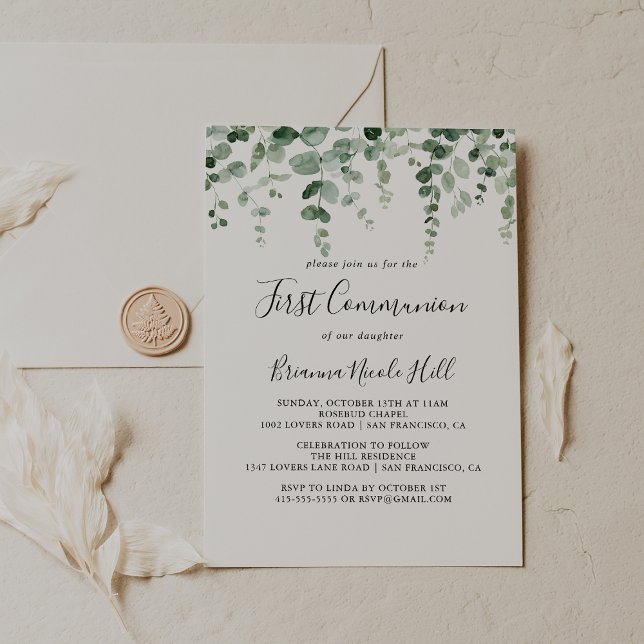 Invitation Première communion minimaliste des eucalyptus (Créateur téléchargé)