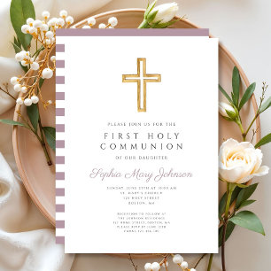 Invitation Première communion moderne fille croix rayures vio