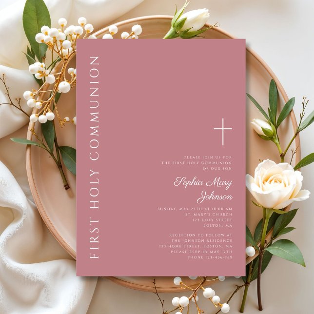 Invitation Première communion moderne fille croix rose (Modern Pink Cross Girl First Communion Invitation)
