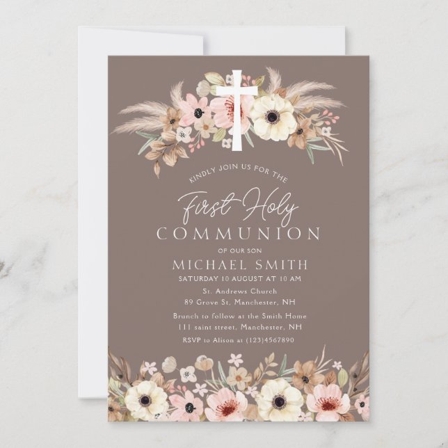 Invitation première communion moderne fleurie bohème (Devant)
