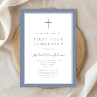 Invitation Première communion moderne garçon croix bleu pouss
