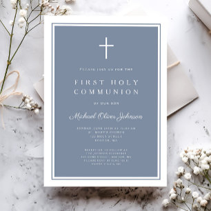 Invitation Première communion moderne garçon croix bleu pouss