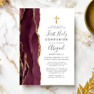 Invitation Première communion paillettes or agate de Bourgogn