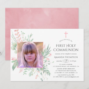 Invitation Première communion Pastel Blush et verdure