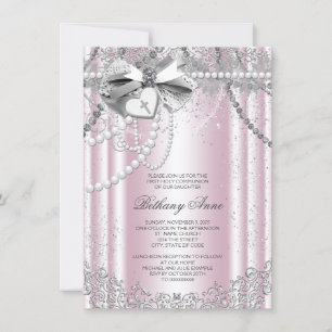Invitation Première communion perle rose et grise