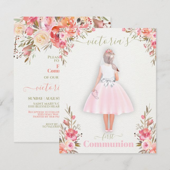 Invitation Première Communion personnalisée Portrait Girl in (Devant / Derrière)