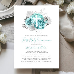 Invitation Première communion Photo Croix Aqua Argent Floral