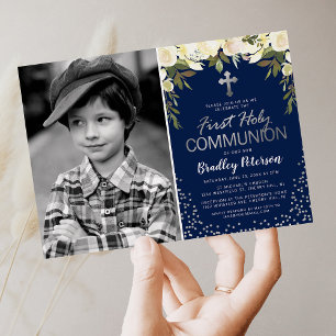 Invitation Première communion Photo de garçon floral argent b