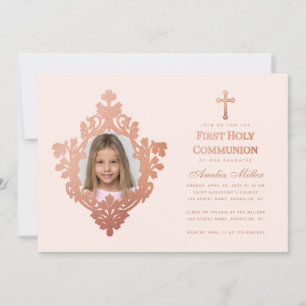Invitation Première communion photo vintage fille rose or ros