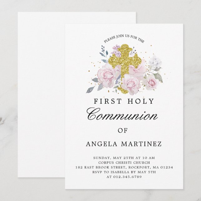 Invitation Première Communion Pink Floral Gold Cross Invitati (Devant / Derrière)