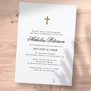 Invitation Première communion pour lui   Croix dorée minimali