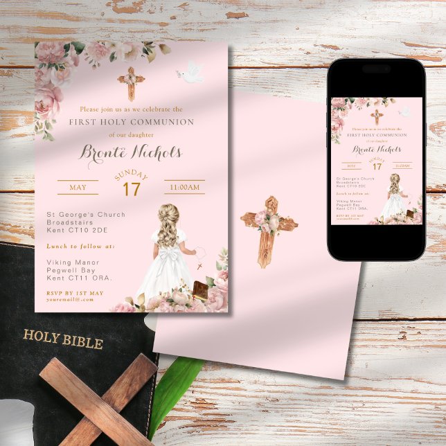 Invitation Première Communion religieuse Fille rose religieus (Créateur téléchargé)