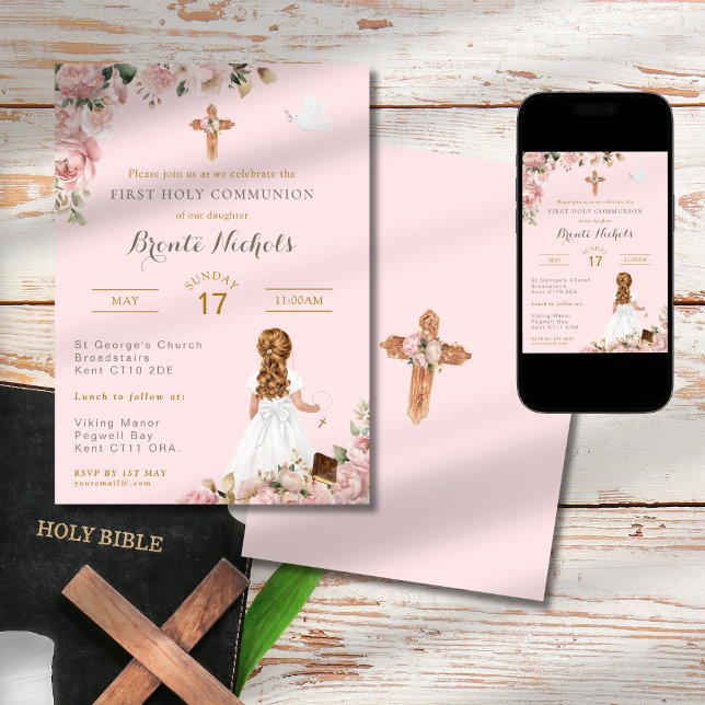 Invitation Première Communion religieuse Fille rose religieus (Créateur téléchargé)