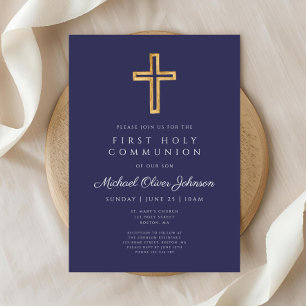 Invitation Première communion religieuse moderne garçon bleu 