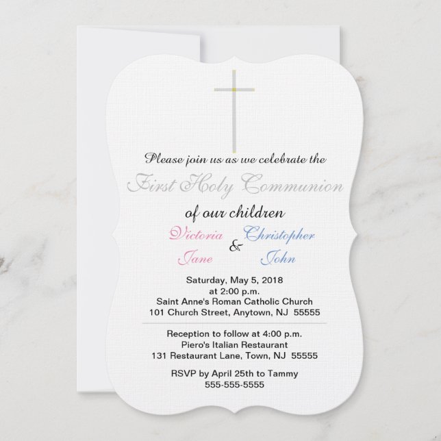 Invitation Première Communion Rose Bleu Jumeaux (Devant)