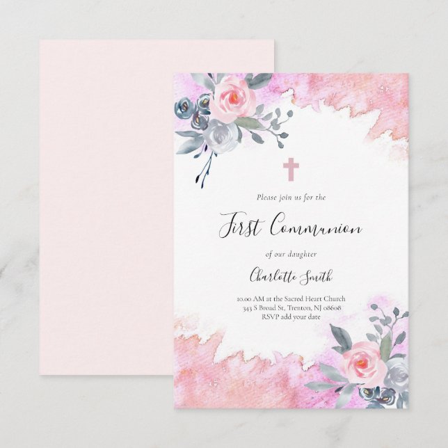 Invitation première communion rose d'aquarelle florale (Devant / Derrière)