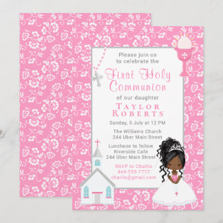 Invitation Première communion rose floral noir cheveux fille