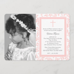 Invitation Première communion rose florale avec photo